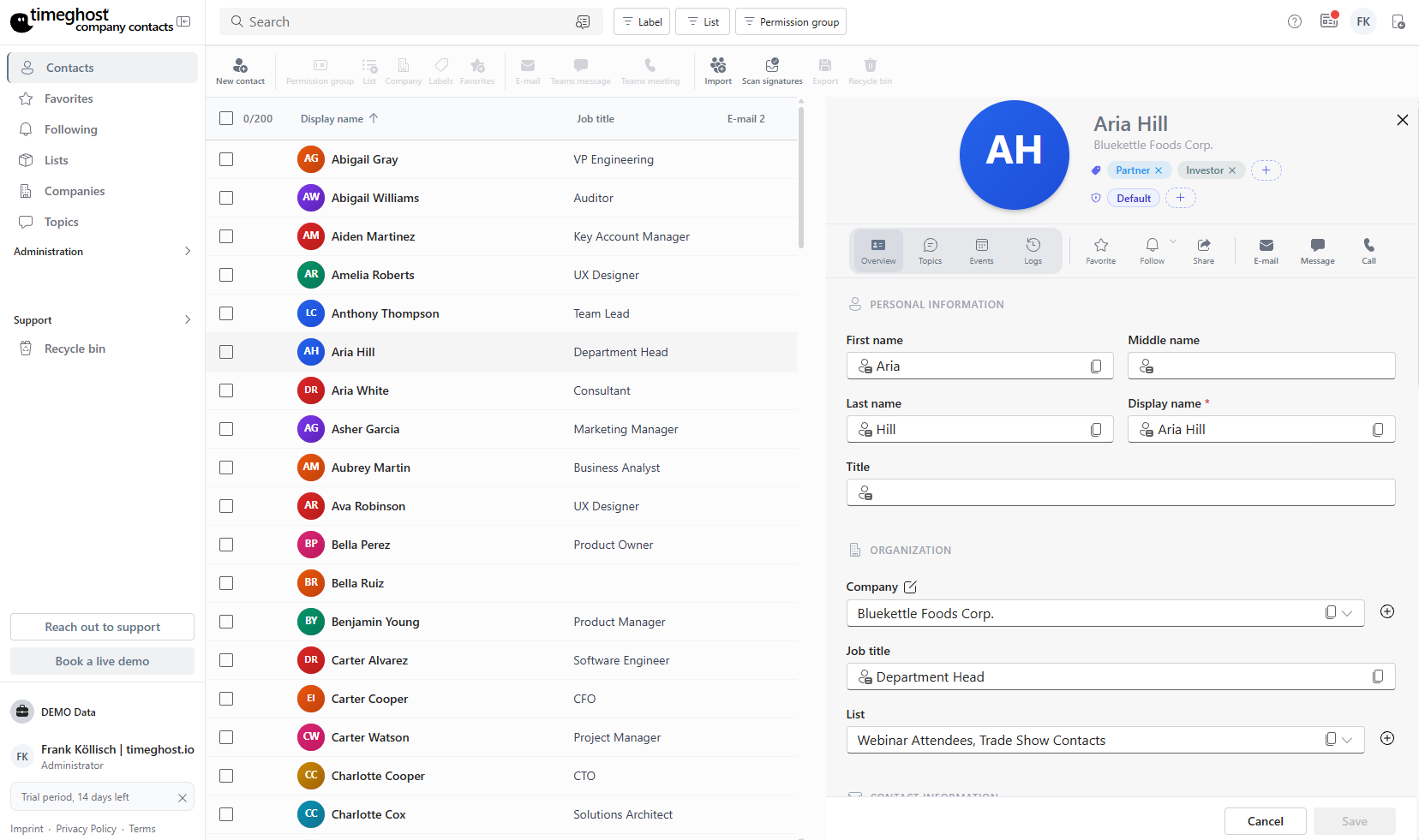 timeghost Company Contacts CRM Screenshot