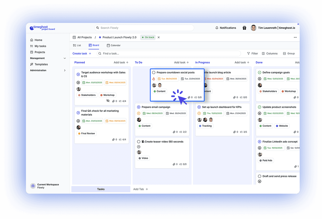timeghost Project Board Screenshot
